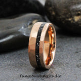 Meteorite Hammered  Rose Gold Tungsten Carbide Ring Set