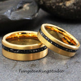 Meteorite Brushed Yellow Gold Tungsten Carbide Ring 8mm