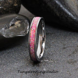 Magenta Purple Opal Silver Gray Tungsten Carbide Ring 4 mm