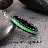 Lime Green Opal Black Tungsten Carbide Ring 4 mm
