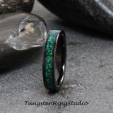 Black Blue Green Opal Black Tungsten Carbide Ring 4 mm