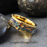Orange Burl Tide Dye Dichrolam Polish Yellow Gold Tungsten Carbide Ring