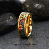 Orange Burl Tide Dye Dichrolam Polish Yellow Gold Tungsten Carbide Ring