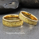 Matching 18K Gold Leaf Yellow Gold Tungsten Carbide Ring Set 6mm 8mm