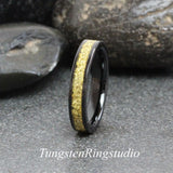 Matching 18K Gold Leaf Black Tungsten Carbide Ring Set 6mm 8mm