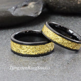 Matching 18K Gold Leaf Black Tungsten Carbide Ring Set 6mm 8mm