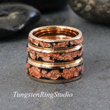 Matching Copper Leaf Rose Gold Tungsten Carbide Ring Set 4mm 8mm