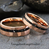 Meteorite Hammered  Rose Gold Tungsten Carbide Ring Set