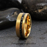 Meteorite Interstellar Brushed Yellow Gold Tungsten Carbide Ring Set