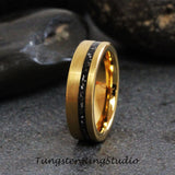 Meteorite Interstellar Brushed Yellow Gold Tungsten Carbide Ring Set