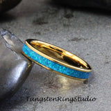 Lake Blue  Opal Yellow Gold Tungsten Carbide Ring 4 mm