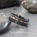 Tide Dye Orange Burl Dichrolam Hammered Black Tungsten Carbide Ring