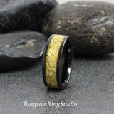 Matching 18K Gold Leaf Black Tungsten Carbide Ring Set 6mm 8mm