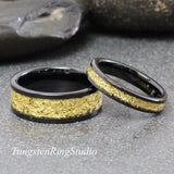Matching 18K Gold Leaf Black Tungsten Carbide Ring Set 6mm 8mm