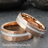 Diamond Dust Ring Rose Gold Hammered Tungsten Ring Set 8mm 6mm