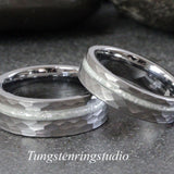 Diamond Dust Ring Silver Gray Hammered Tungsten Ring Set
