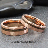 Whiskey Barrel Rose Gold hammered Tungsten Ring Set