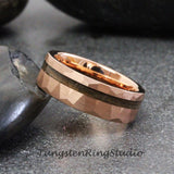 Whiskey Barrel Rose Gold hammered Tungsten Ring Set
