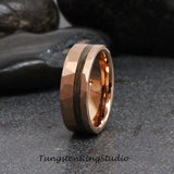 Whiskey Barrel Rose Gold hammered Tungsten Ring Set