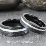 Diamond Dust Ring Black Hammered Tungsten Ring Set