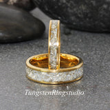 Yellow Gold Flat Glass Tungsten Ring Set