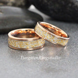 Matching 24K Gold Leaf Rose Gold Tungsten Carbide Ring Set 6mm 8mm