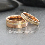 Matching 24K Gold Leaf RoseGold Bevel Tungsten Carbide Ring Set 4mm 8mm