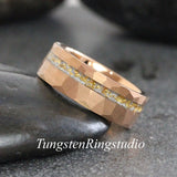 Matching 24K Gold Leaf RoseGold Bevel Tungsten Carbide Ring Set 4mm 8mm