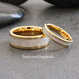 White Opal Yellow Gold Tungsten Ring Set