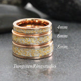 Matching 24K Gold Leaf Rose Gold Tungsten Carbide Ring Set 6mm 8mm