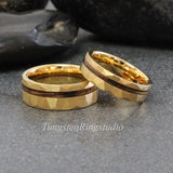 Whiskey Barrel Yellow Gold hammered Tungsten Ring Set
