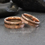 Whiskey Barrel Rose Gold hammered Tungsten Ring Set