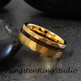 Whiskey Barrel Yellow Gold hammered Tungsten Ring Set