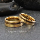 Whiskey Barrel Yellow Gold Tungsten Ring Set
