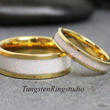 White Opal Yellow Gold Tungsten Ring Set