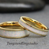 White Opal Yellow Gold Tungsten Ring Set