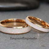White Opal Inlay Tungsten wedding ring set