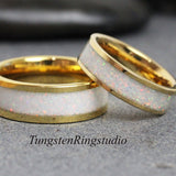 White Opal Yellow Gold Tungsten Ring Set