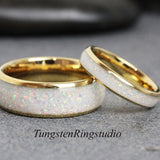 White Opal Inlay Tungsten wedding ring set