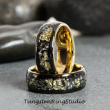 Gold Leaf Meteorite Black Tungsten Ring 4 mm