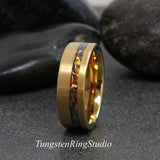 Yellow Gold Brushed Tide Dye Dichrolam Orange Burl Tungsten Carbide Ring