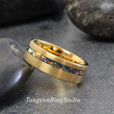 Yellow Gold Brushed Tide Dye Dichrolam Orange Burl Tungsten Carbide Ring