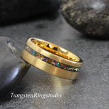 Yellow Gold Brushed Tide Dye Dichrolam Orange Burl Tungsten Carbide Ring