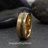 Yellow Gold Brushed Tide Dye Dichrolam Orange Burl Tungsten Carbide Ring