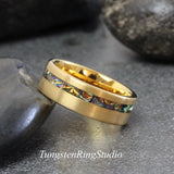 Yellow Gold Brushed Tide Dye Dichrolam Orange Burl Tungsten Carbide Ring