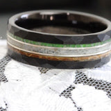Wedding Dress Inlay, whiskey barrel, green quartz tungsten carbide ring- custom Order