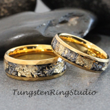 Meteorite Gold Leaf Hammered Tungsten Ring Set