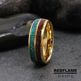 Peacock Blue Opal Dinosaur Bone Gold  Tungsten Carbide Rings - Custom Order