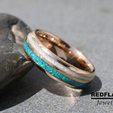 Fire Crushed White Opal Blue Opal Rose GoldTungsten Carbide Rings - Custom Order