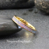 Blue Grey Opal Yellow Gold Tungsten Carbide Ring 4 mm